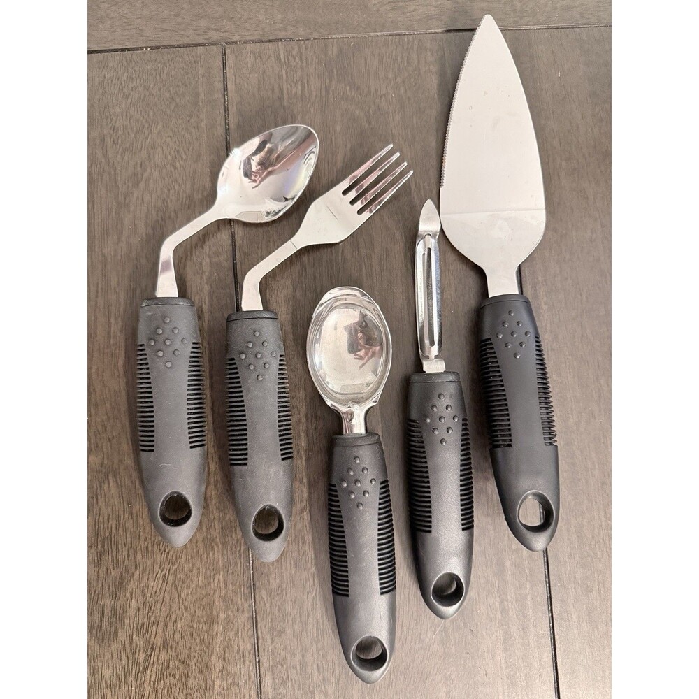 5pc Weighted Adaptive Utensil Set Angled Spoon Fork Arthritis Left Handed Grips